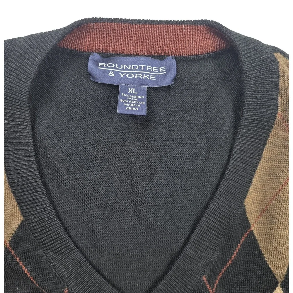 Roundtree & Yorke Black & Tan‎ Argyle Merino Wool Blend Sweater Men's Size XL